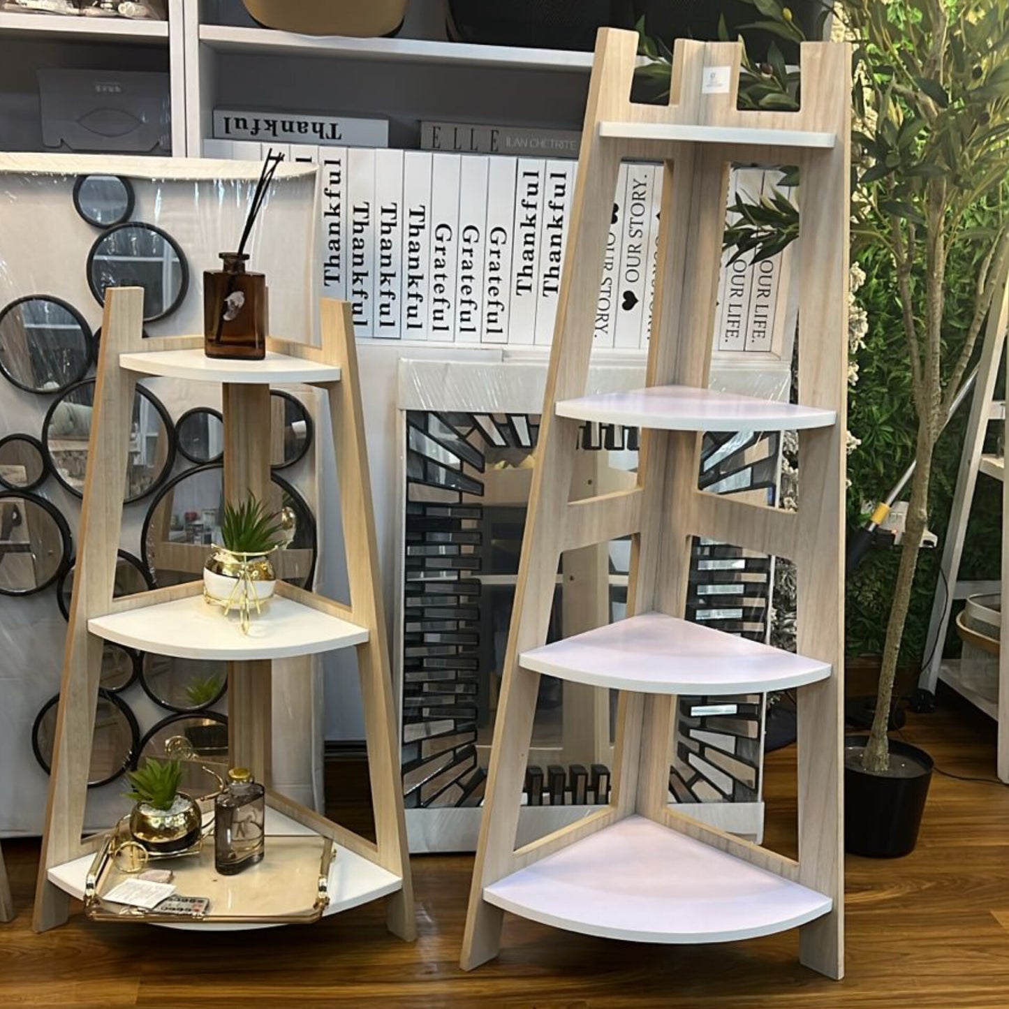 Scandinavian-Style Wooden Corner Ladder Shelves