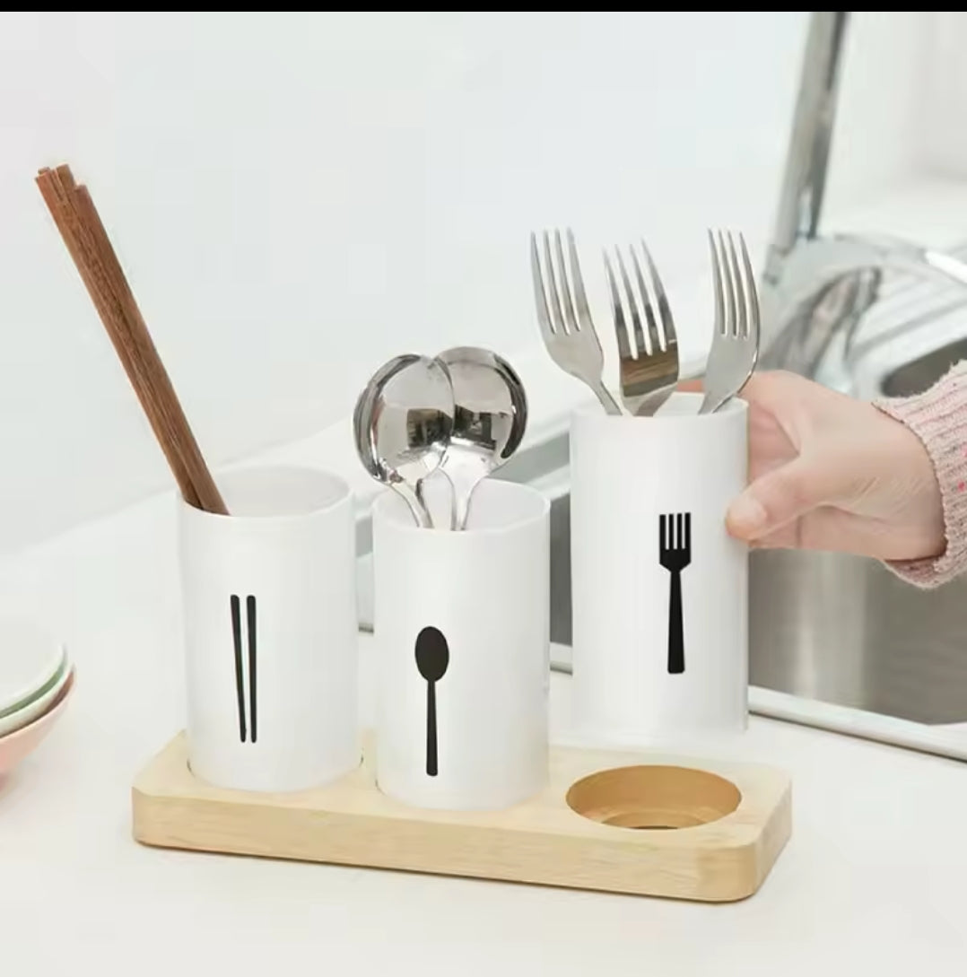 3Pc Cutlery holder organizer with wood base