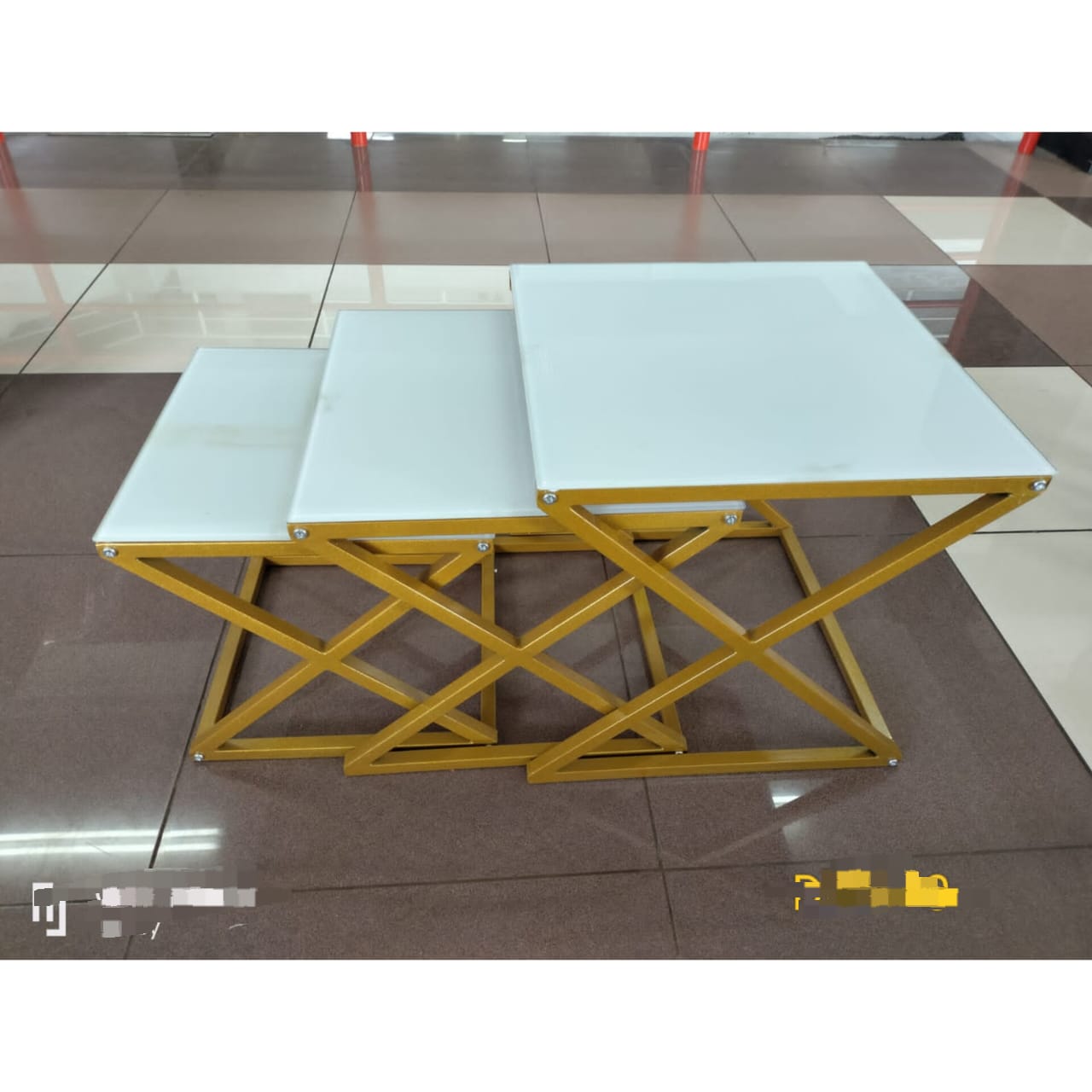 Set of 3 Rectangular Nesting Tables with Gold X-Frame