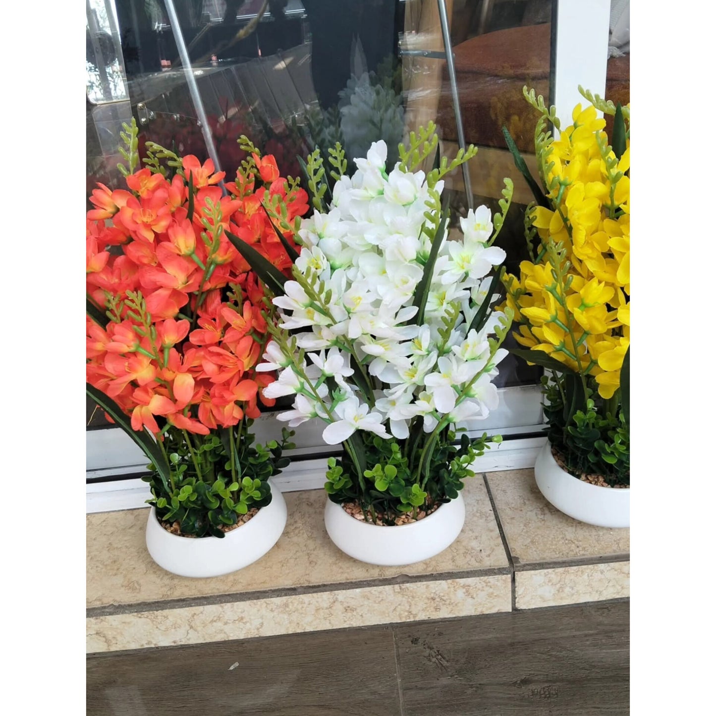 Table Top Artificial Freesia Flower Arrangement in White Pot