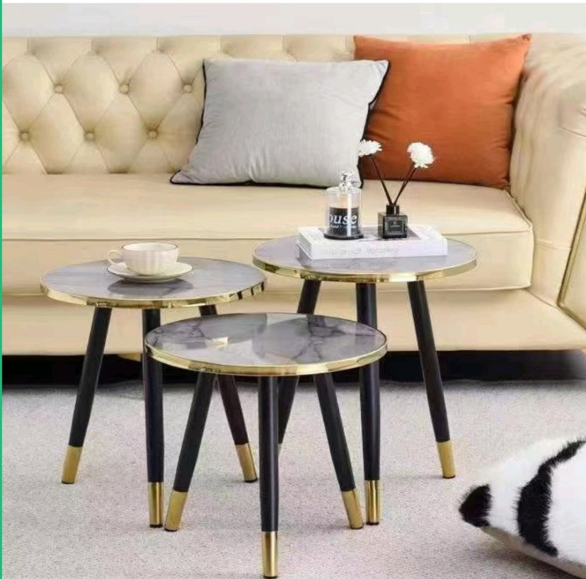 3-in-1 Round Nesting Side Tables with Marble-Look Top and Gold Accents
