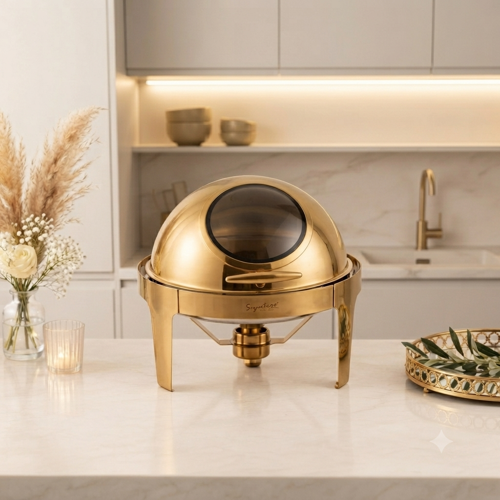 6.0 Ltr Round Rolltop Gold Chafing Dish with Glass Window