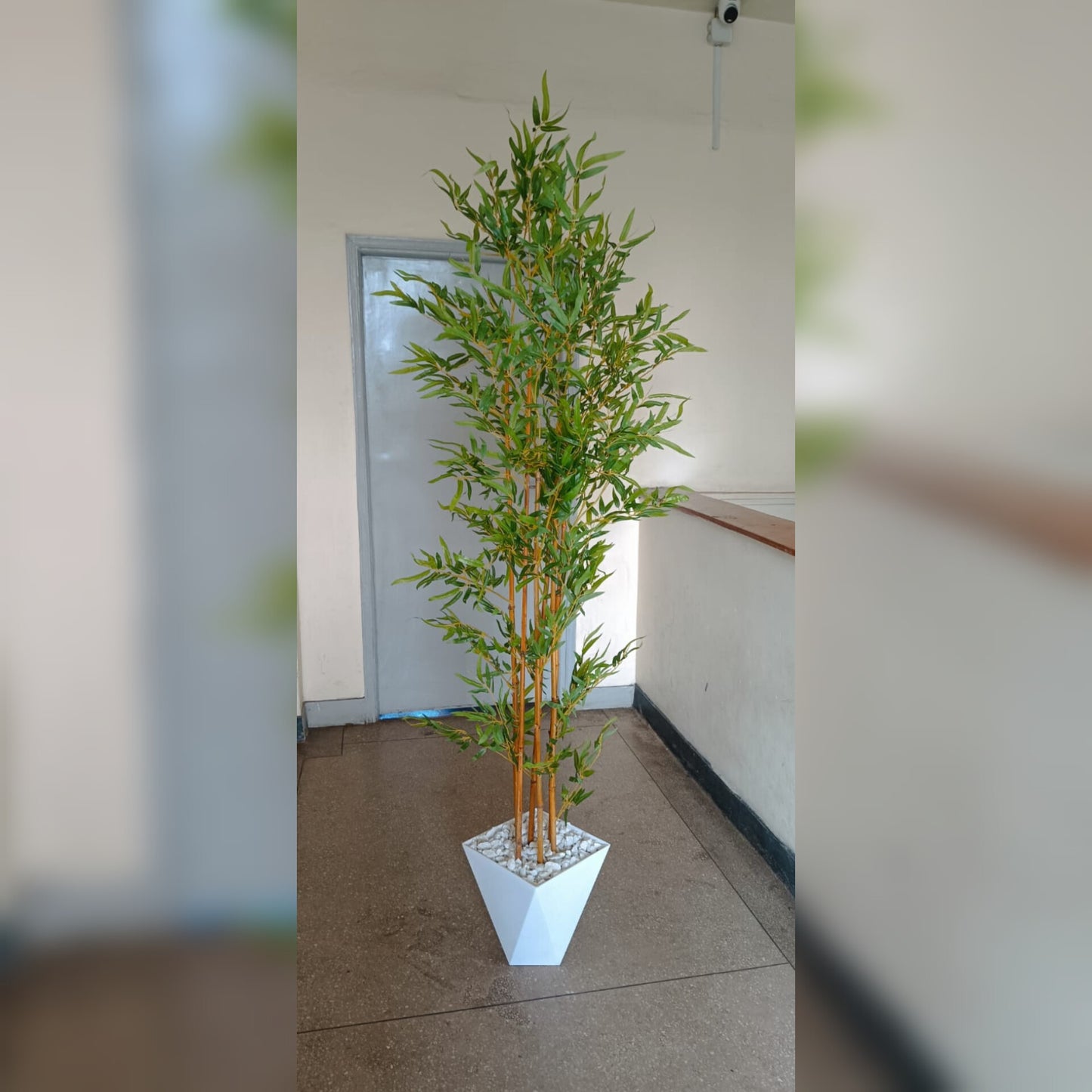 Artificial Bamboo Plant with Metallic Stand Vase and Pebbles 190cm