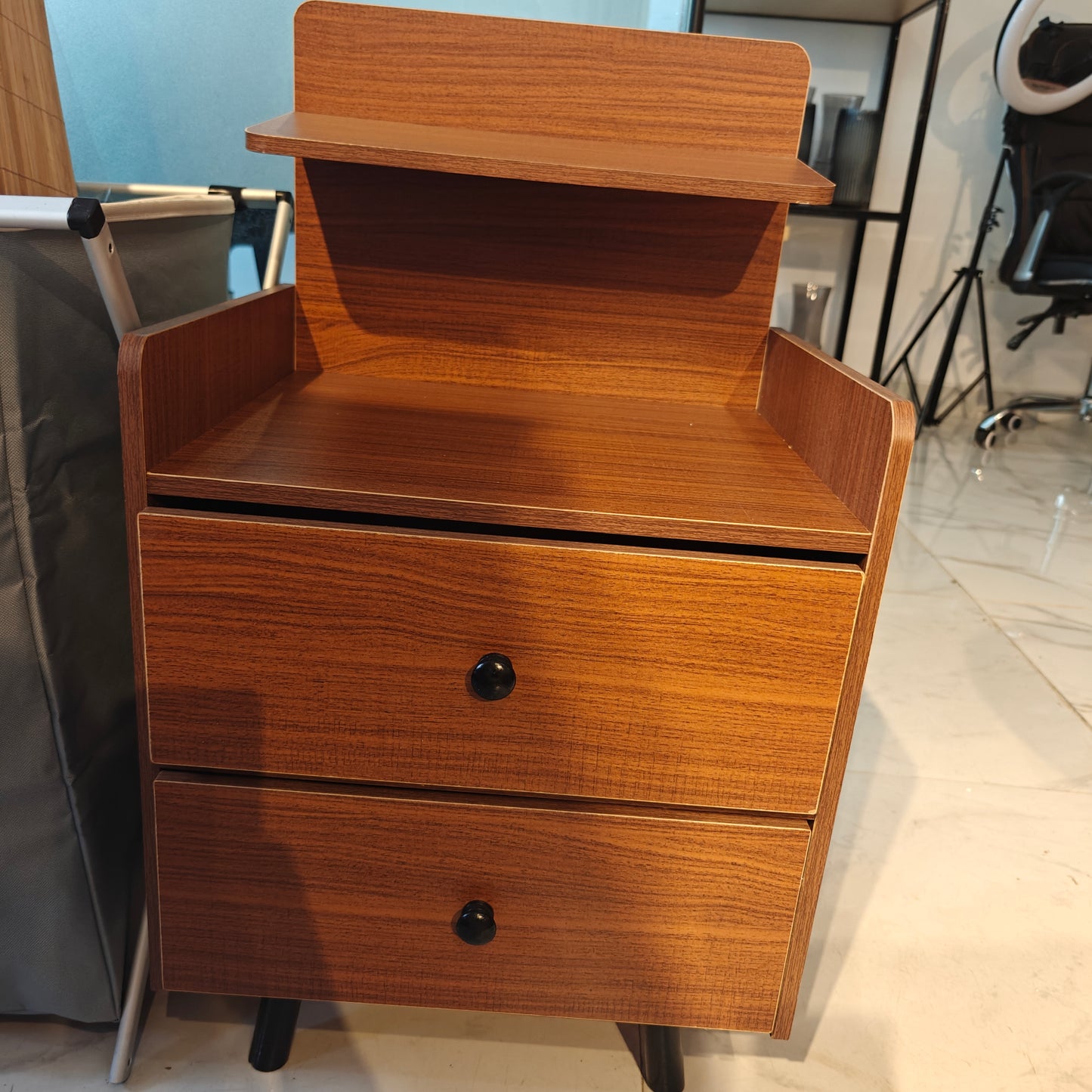 Modern Woodgrain Two-Drawer Bedside Cabinet with Top Shelf