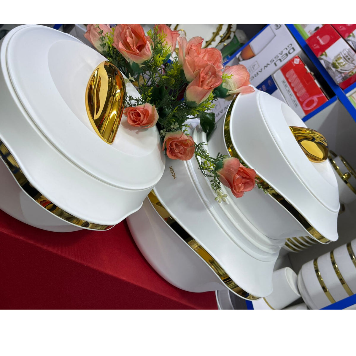 3 Piece White and Gold Insulated Hot Pot Set