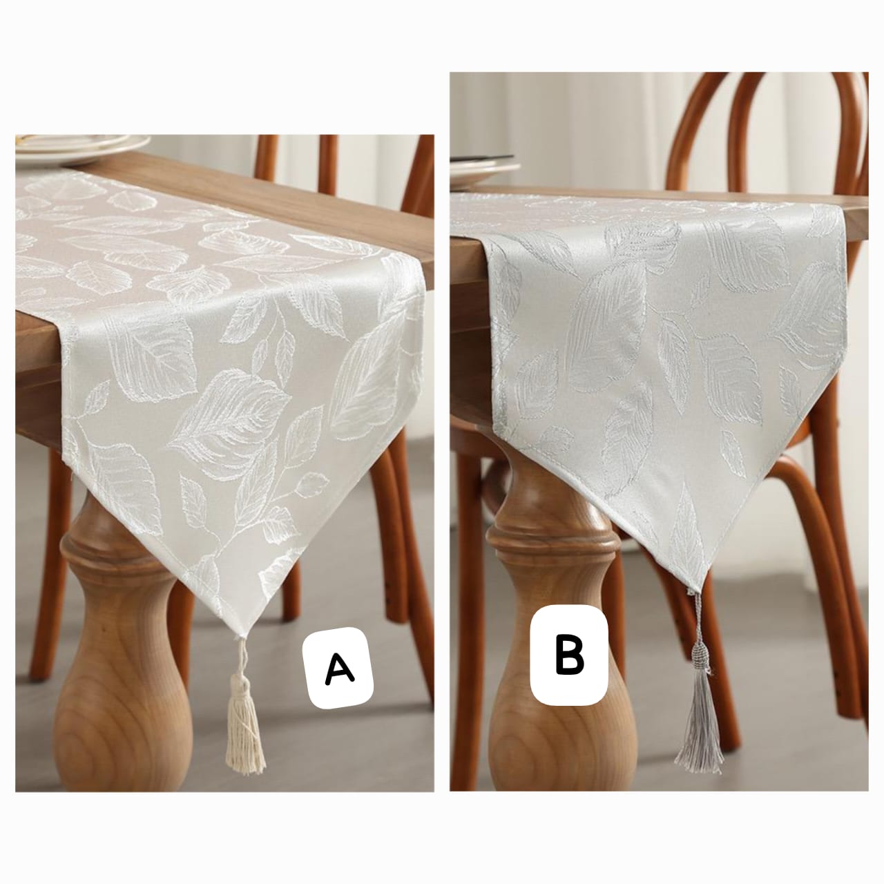 Two close-up views of table runners with an embossed leaf pattern and tassels.