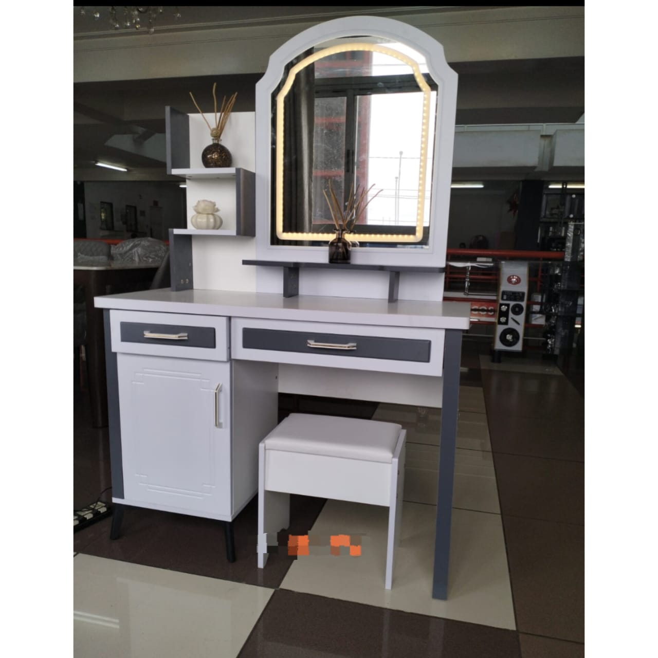 Contemporary White and Gray Vanity Dressing Table with LED Mirror