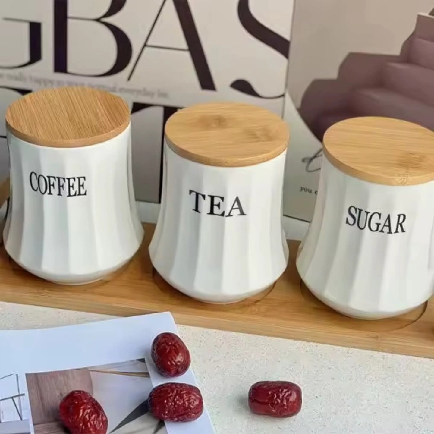 3Pc Ceramic Tea Coffee Sugar Canister Set