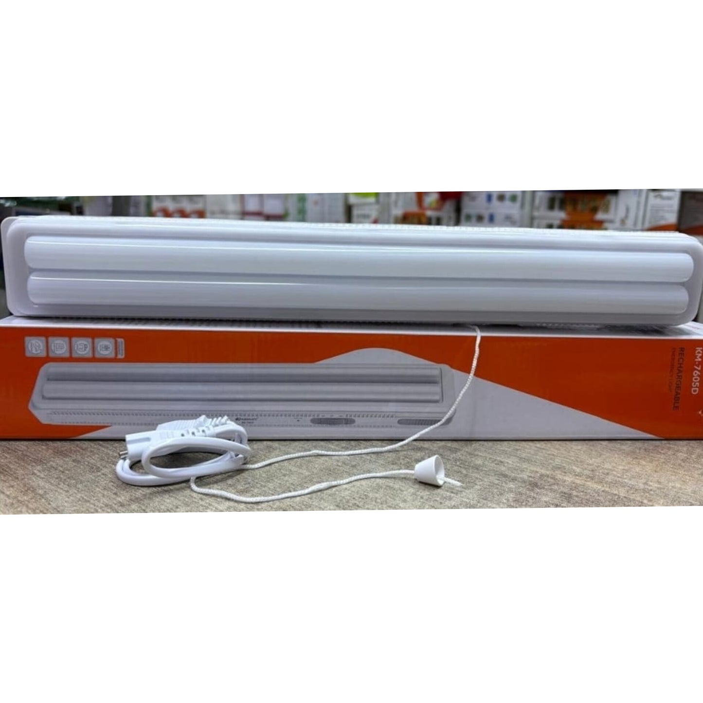 White Kamisafe KM-7605D rechargeable emergency lamp with dual LED tubes and a pull string switch