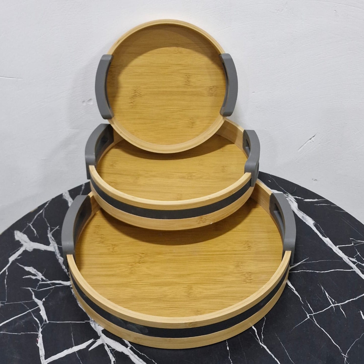 3Pcs Bamboo Nesting Tray Set with Grey Handles