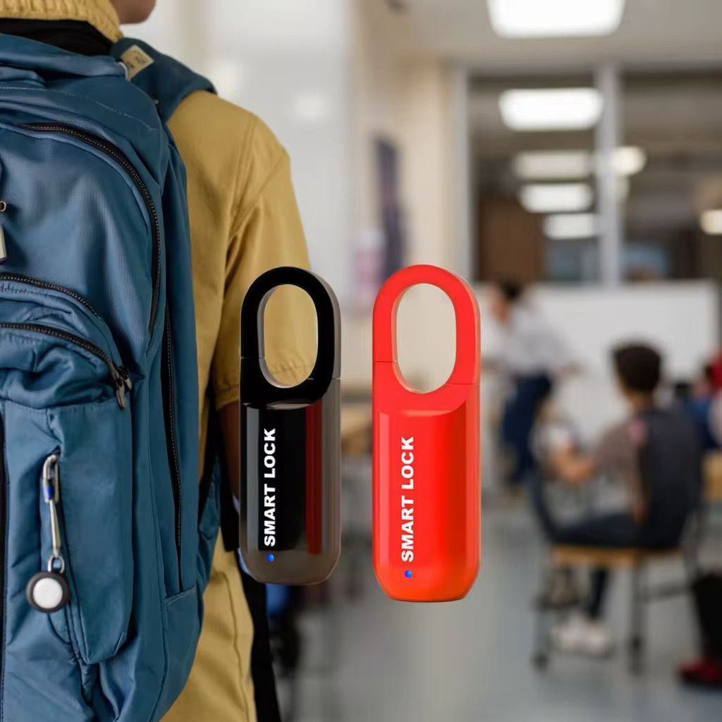 Two sleek, vertical smart padlocks, one black and one red.