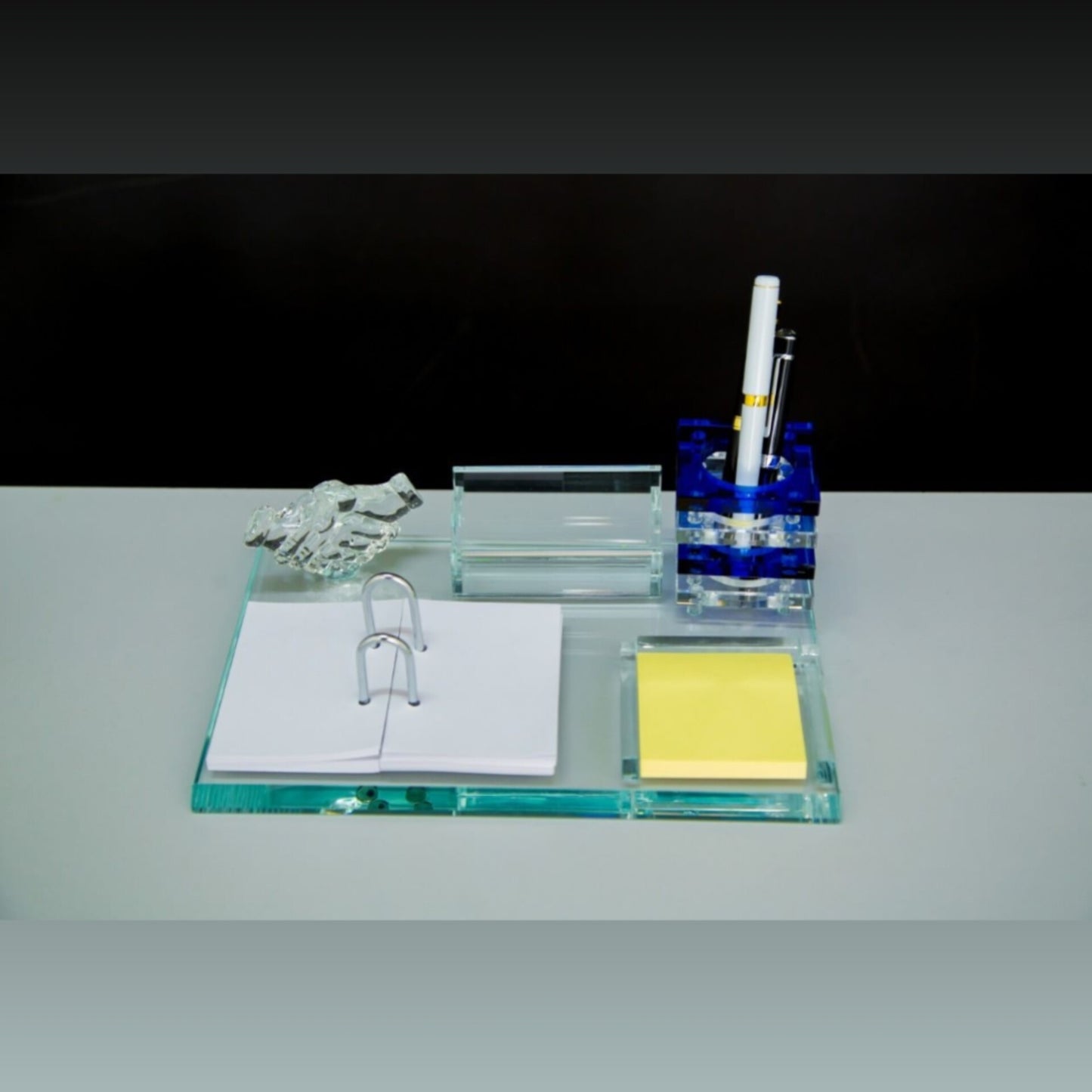 Crystal Glass Executive Desk Organizer with Blue Accents