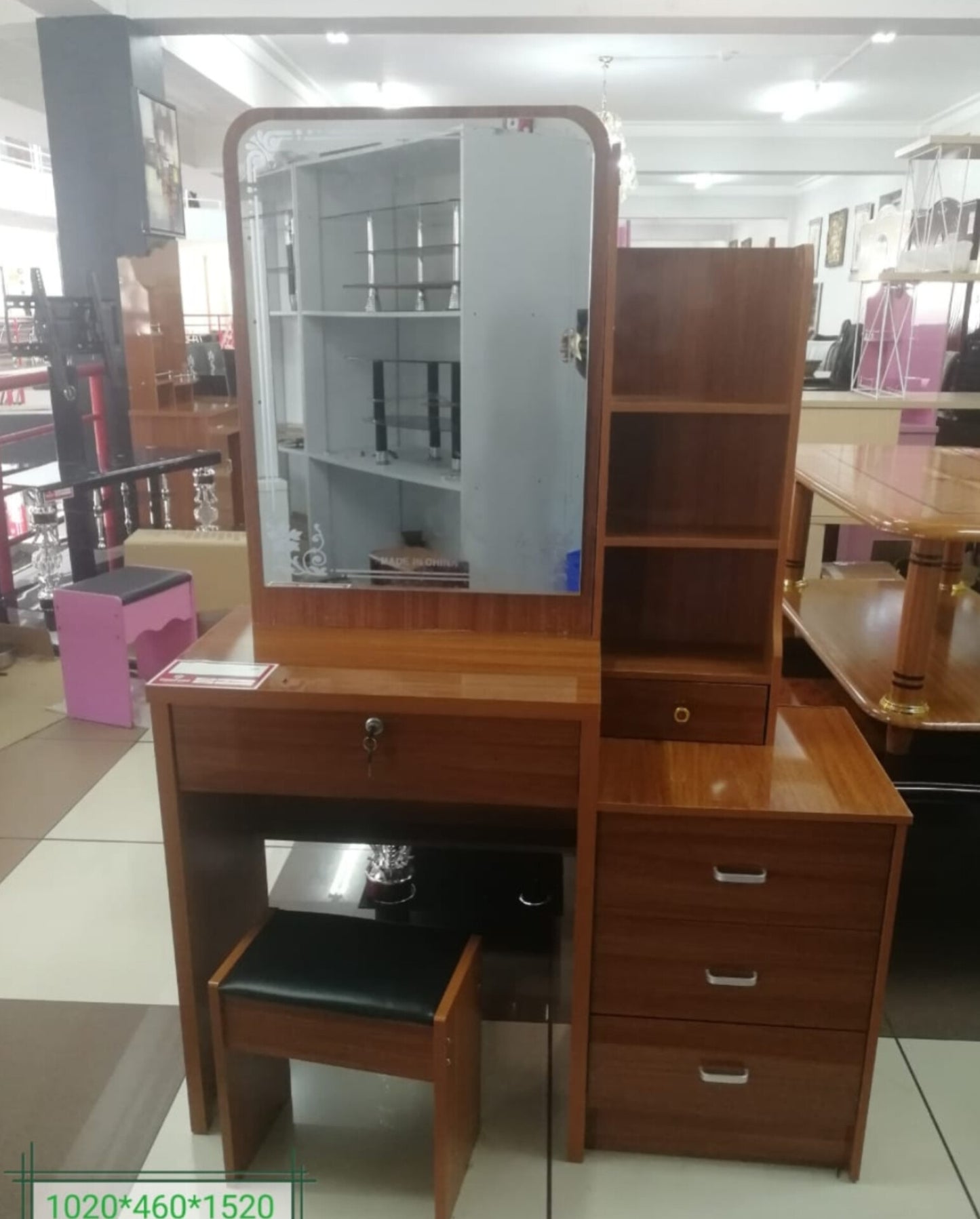 Wooden Dressing Table with Storage Drawers, Mirror, and Stool