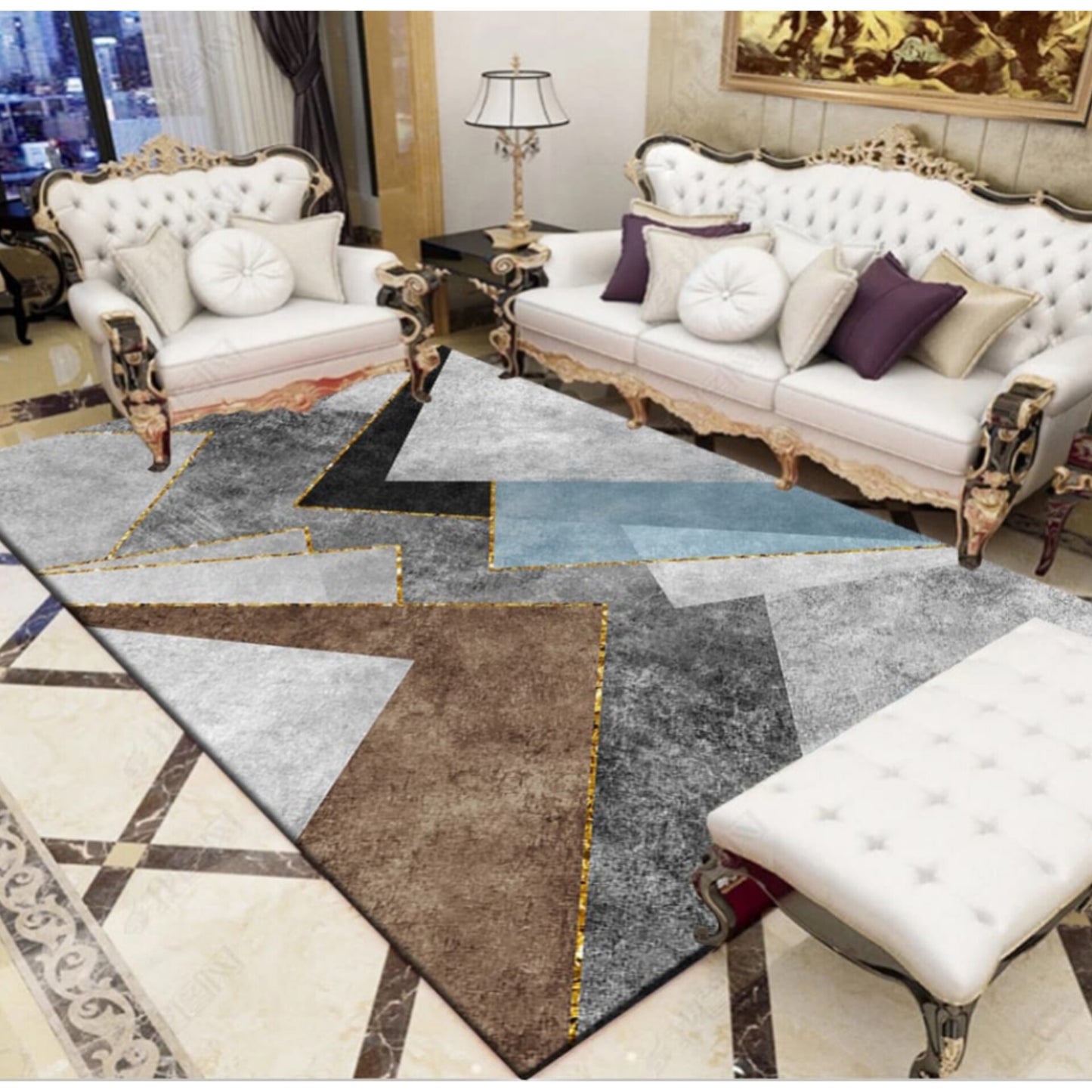 A 5 by 8 foot carpet with an abstract 3D geometric pattern in grey, brown, and gold.