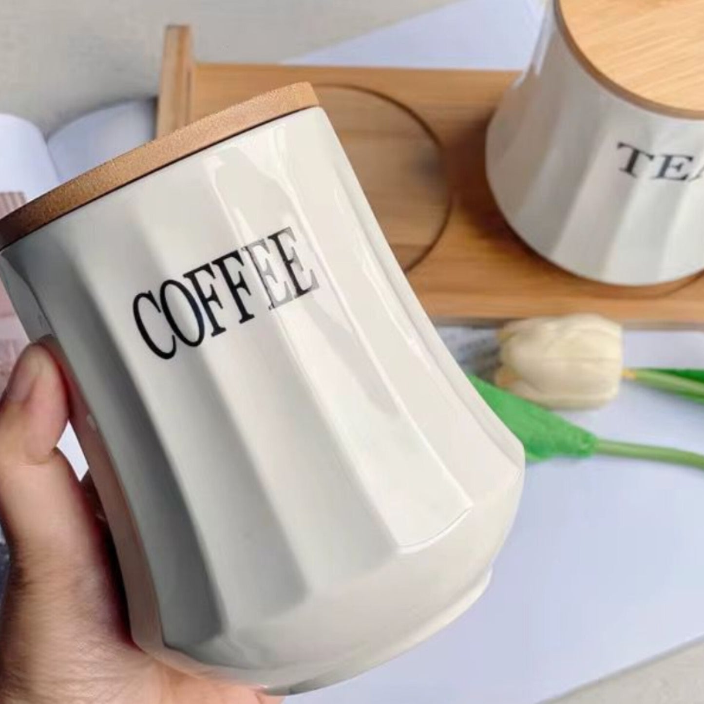 Ceramic Tea Coffee and Sugar Canister Set with Bamboo Lids and Stand