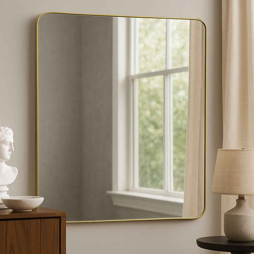 Modern Rectangular Wall Mirror with Rounded Corners and Gold Metal Frame