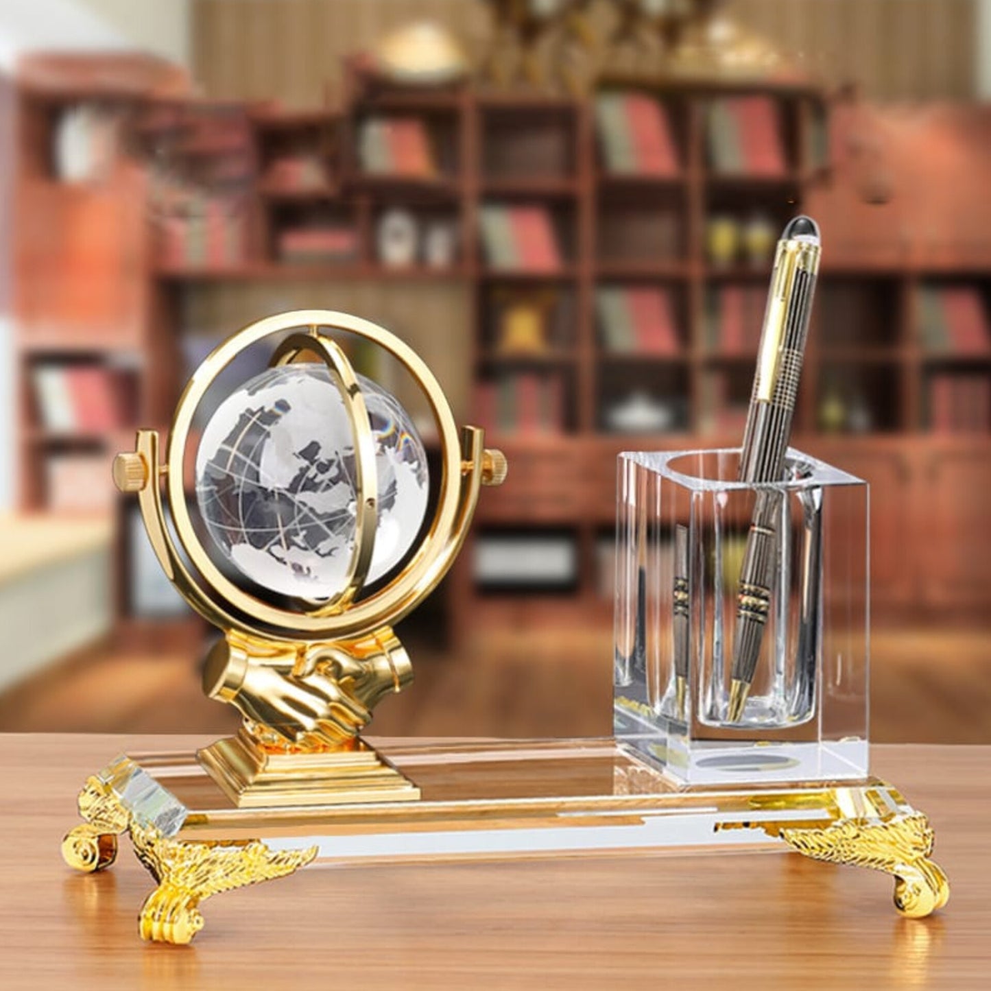Deluxe Executive Crystal Desk Organizer with World Globe and Pen Holder
