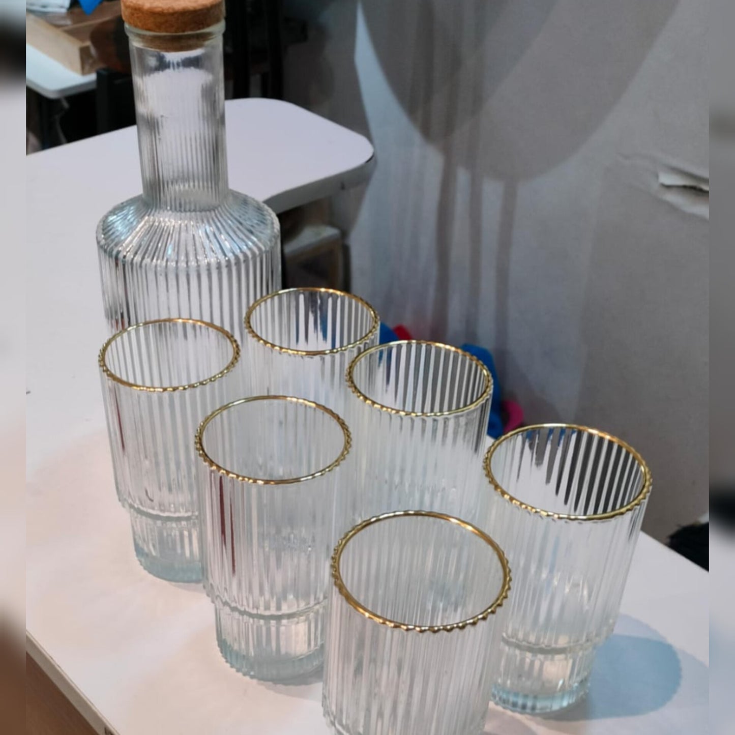 6Pc Ribbed glasses with decanter gold rim gha