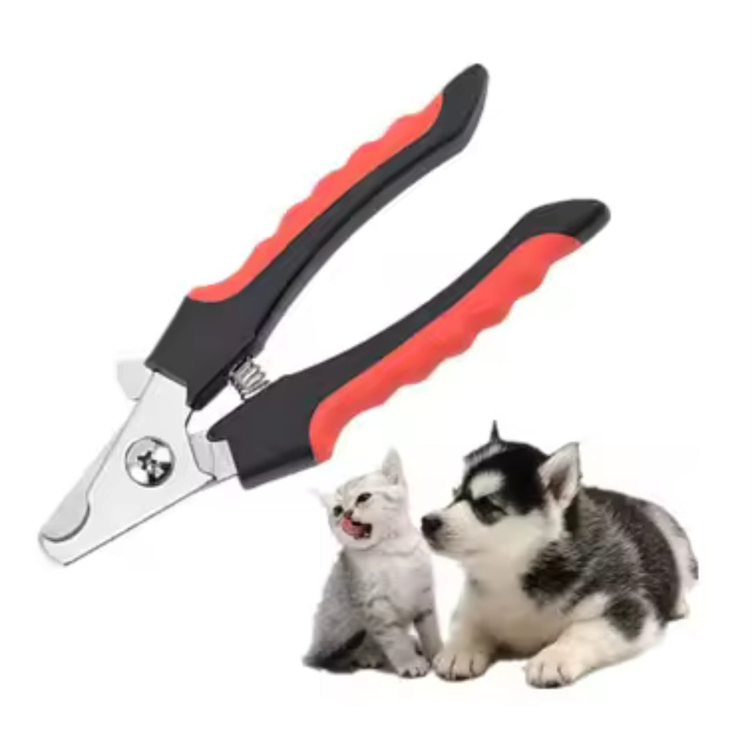 Pet nail clipper with a file, featuring black and red handles and a silver blade.