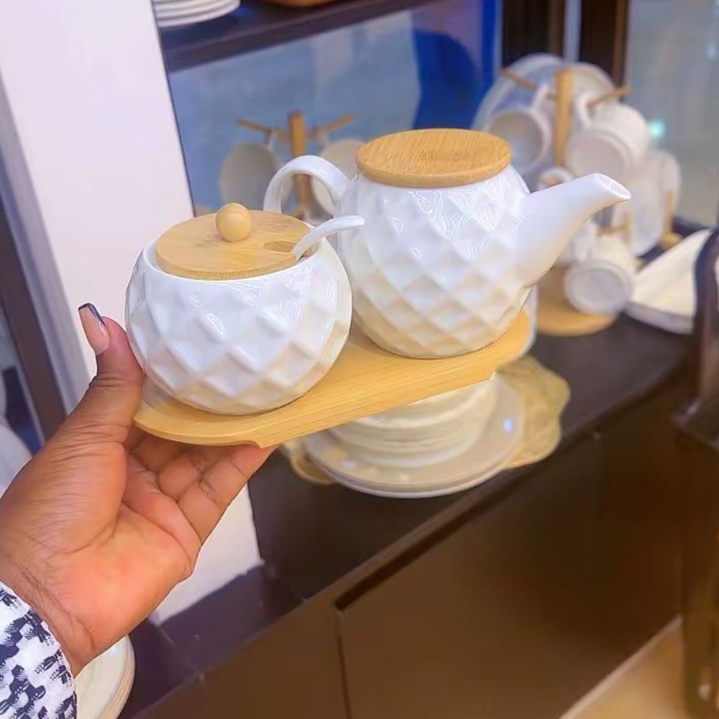 Ceramic Tea Kettle and Sugar Bowl Set with Wooden Tray