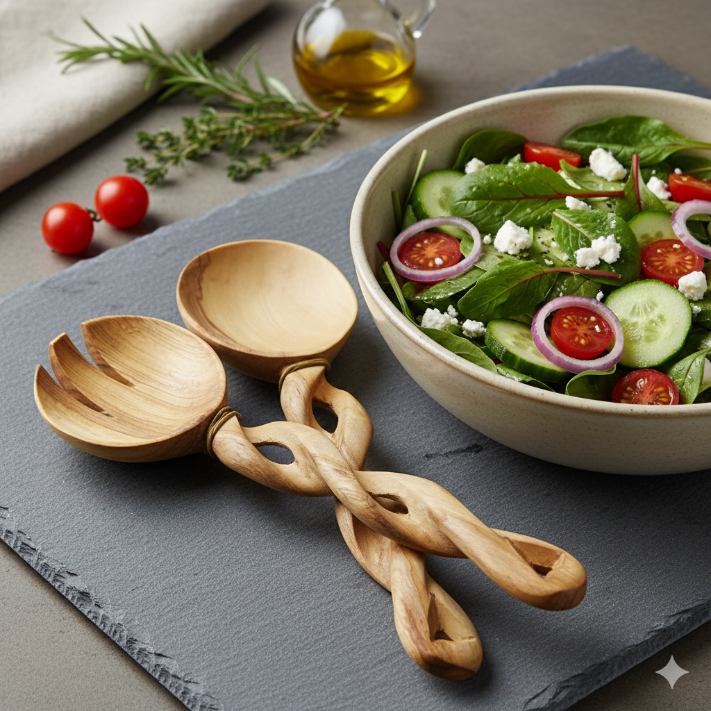 Hand Carved Twisted Handle Wooden Salad Spoons