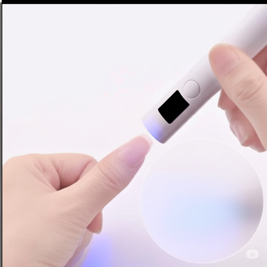 A hand holds a white, compact mini handheld UV LED lamp over a fingernail with a clear coat of polish on a white background.