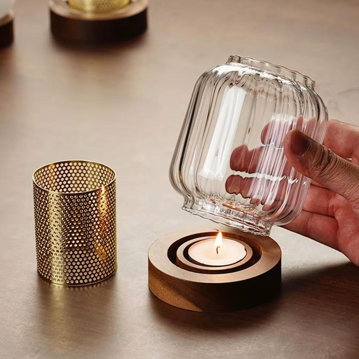12cm Ribbed Glass Candle Holder