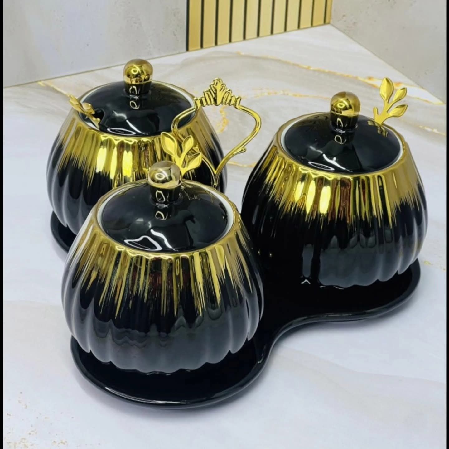 3-in-1 Ceramic Sugar Canister Set with Gold Triangle Stand