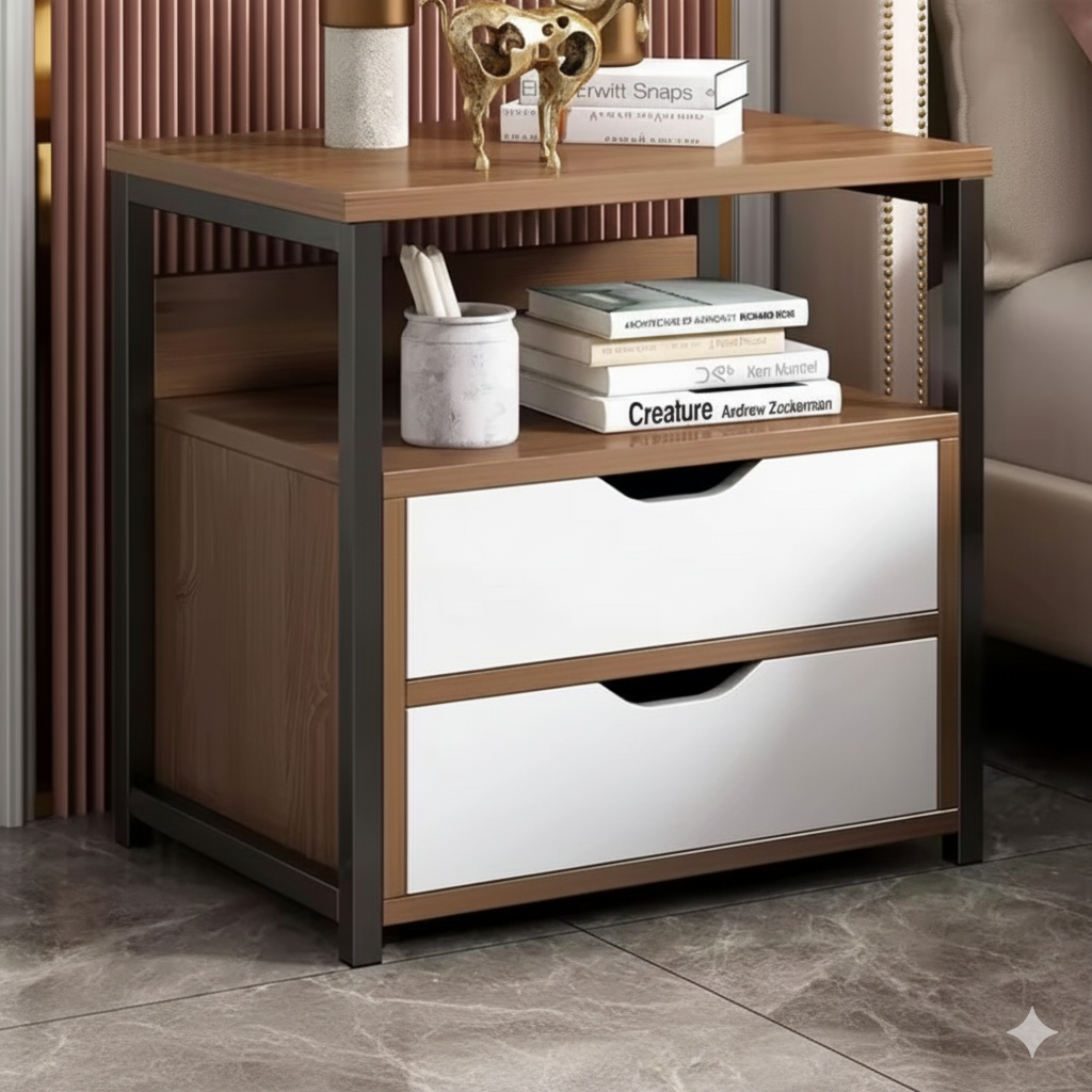 Wooden bedside table with white drawers