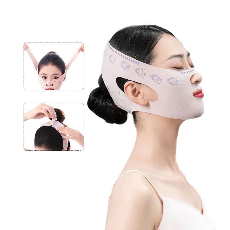 A woman wearing a beige, elastic facial contouring mask secured over her chin and jawline with an adjustable strap, with insets showing how to put it on.