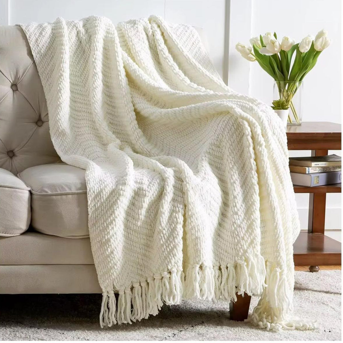 Textured Knit Throw Blanket With Tassels