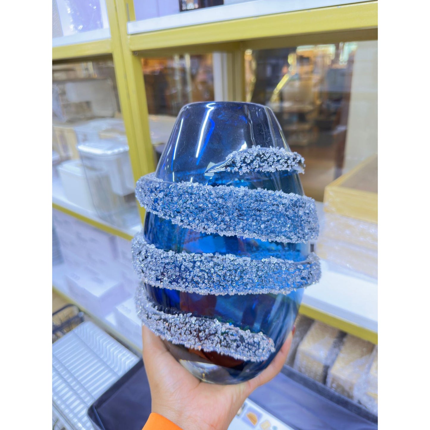 Large Blue Glass Vase with Textured Crystal Detail