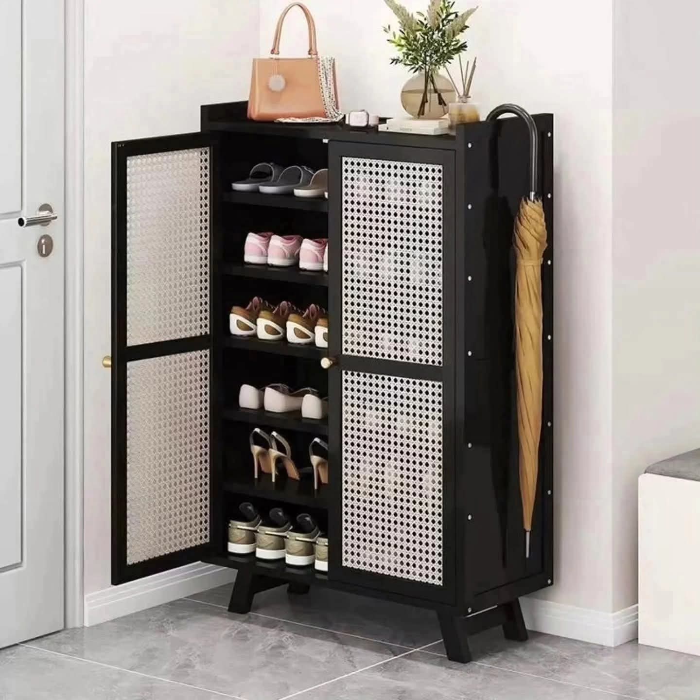 Black Wooden bamboo shoe rack storage cabinet gha
