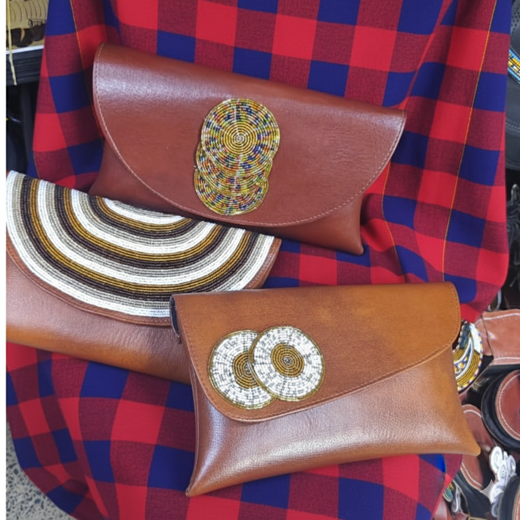 Leather Clutch Bag with Maasai Bead Embellishment