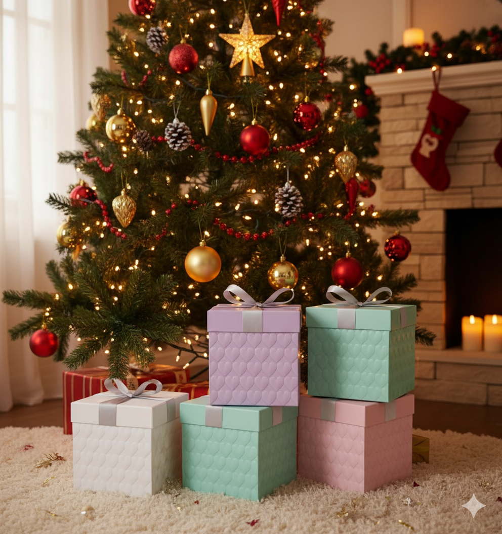 A luxury golden folding gift box in a cube shape with a decorative bow on the lid.