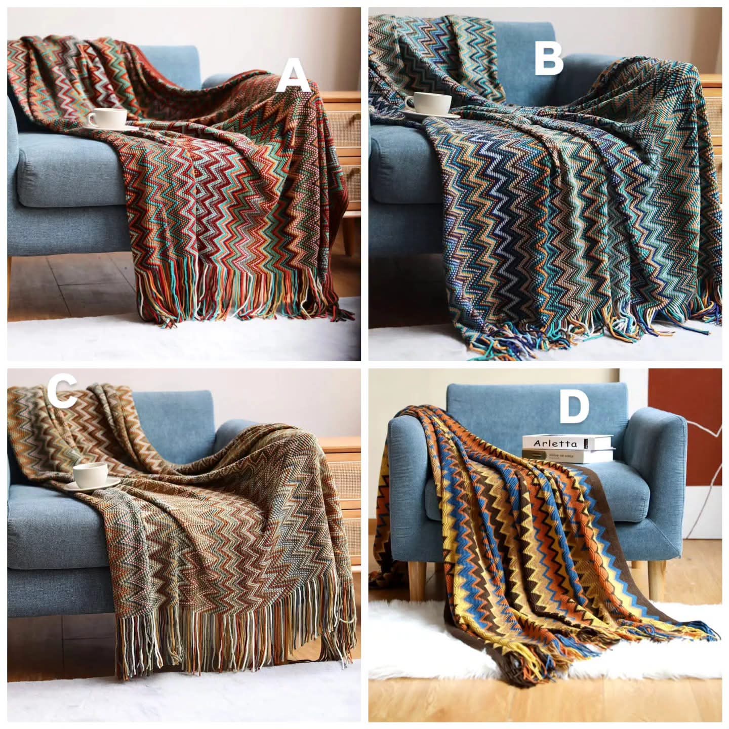 Bohemian Knitted Throw Blanket With Tassel