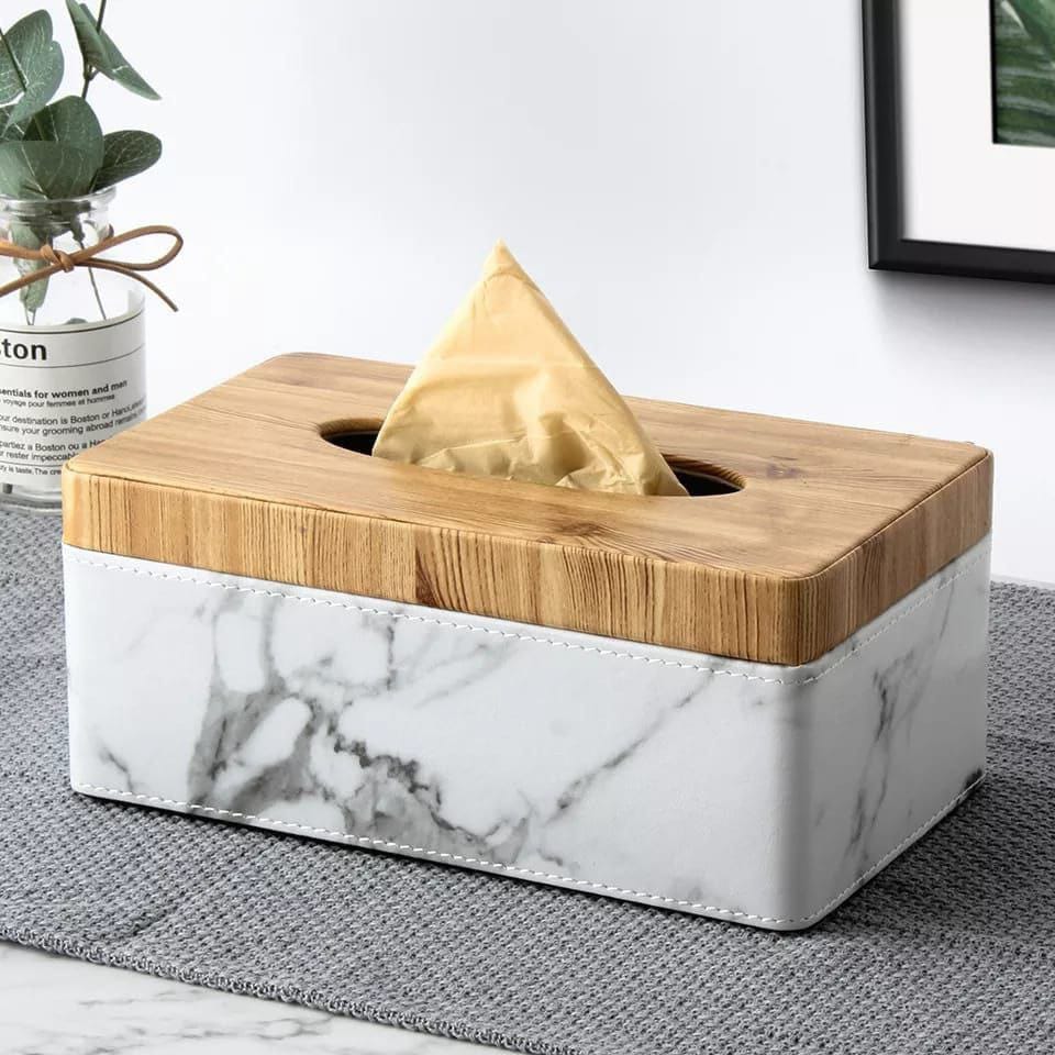 Rectangular white marbling PU leather tissue holder with a sturdy MDF frame.