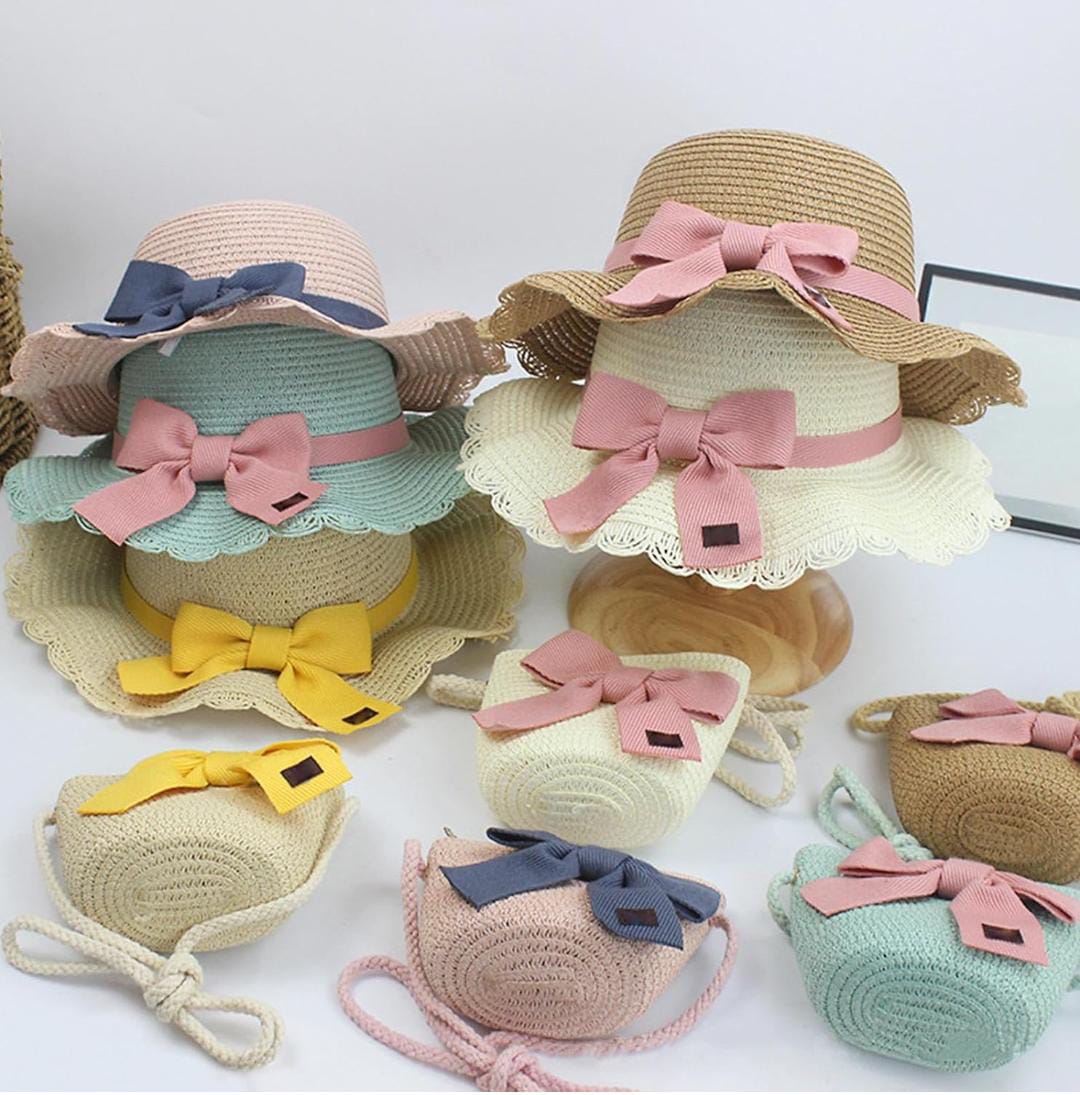 Girls Woven Straw Sun Hat and Matching Shoulder Bag Set