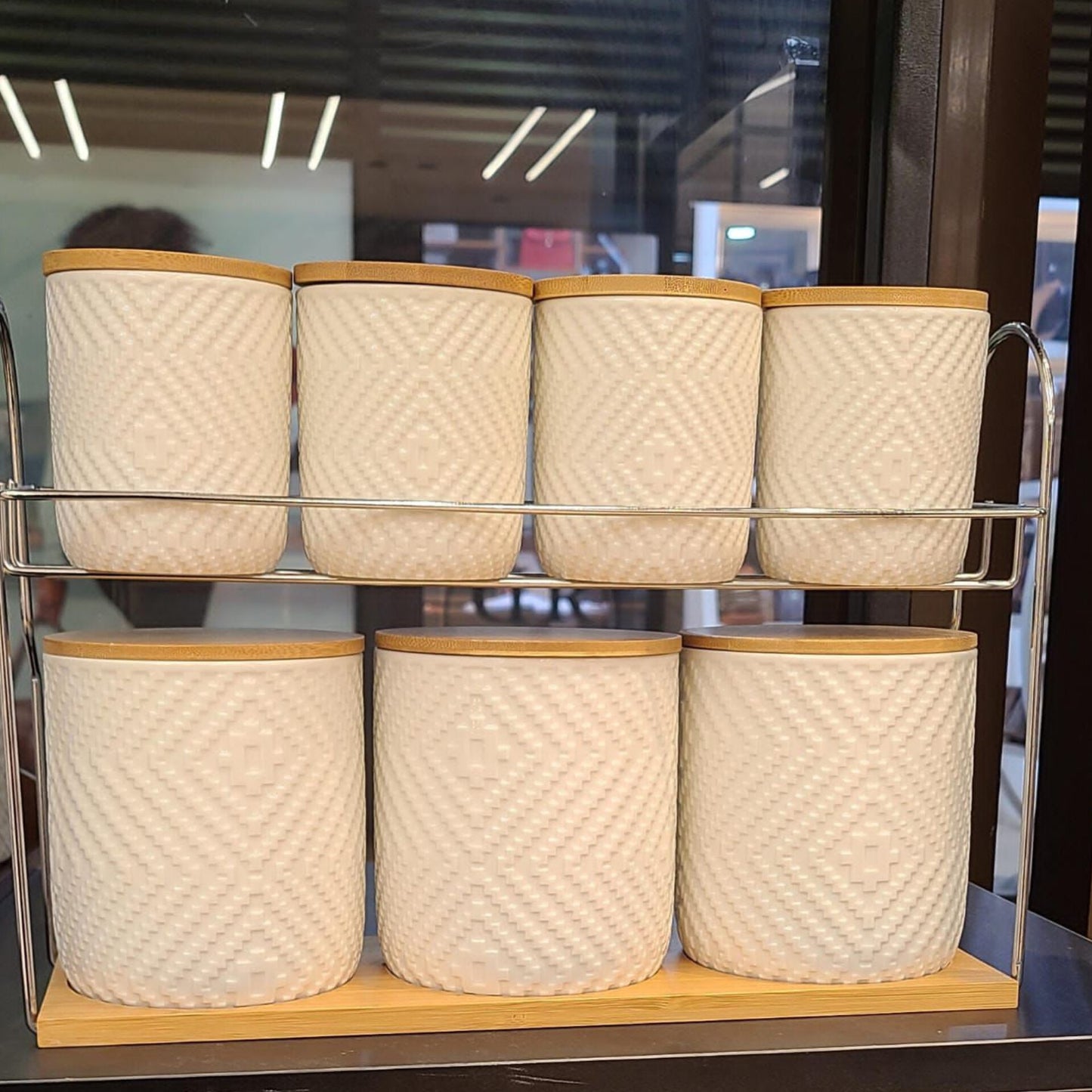 8 Pcs Ceramic Canister Set with Bamboo Lids and Tray