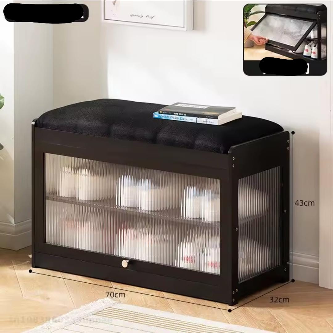 Entry way bamboo bench stool with cushioned top and flap shoe cabinet gha