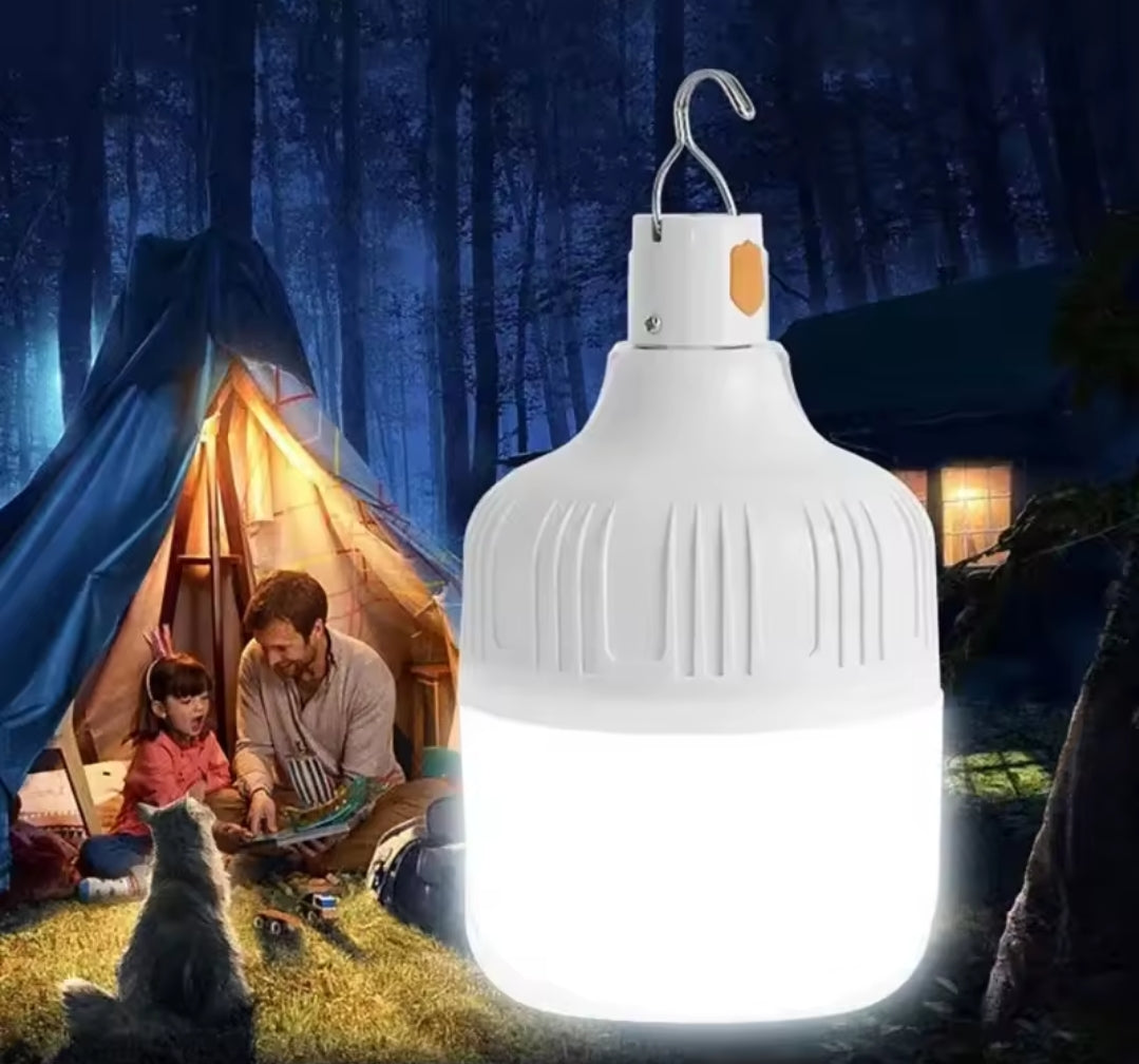 A white rechargeable LED bulb with a metal hanging hook.