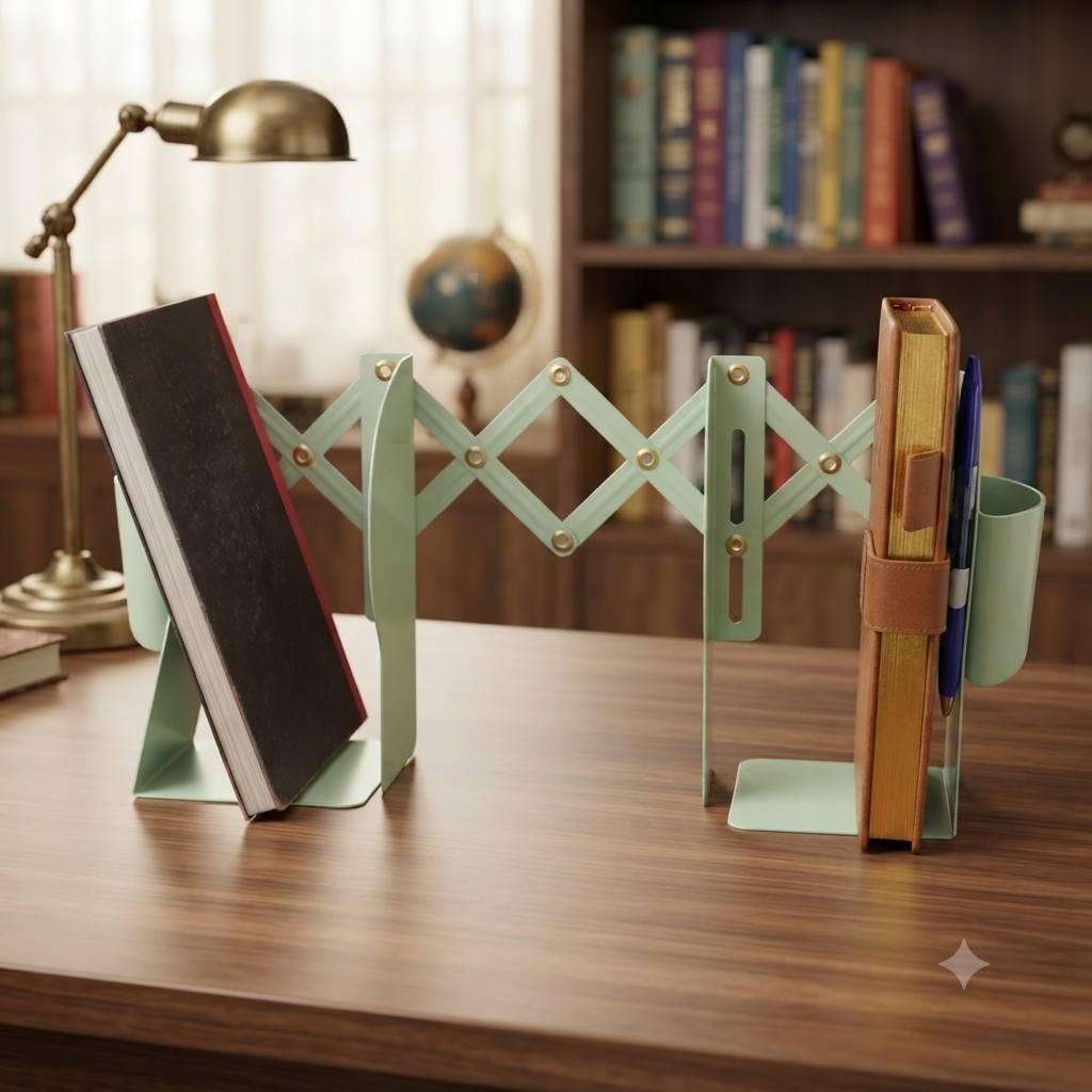 Expandable Metallic Bookshelf With Pen Holder Gha