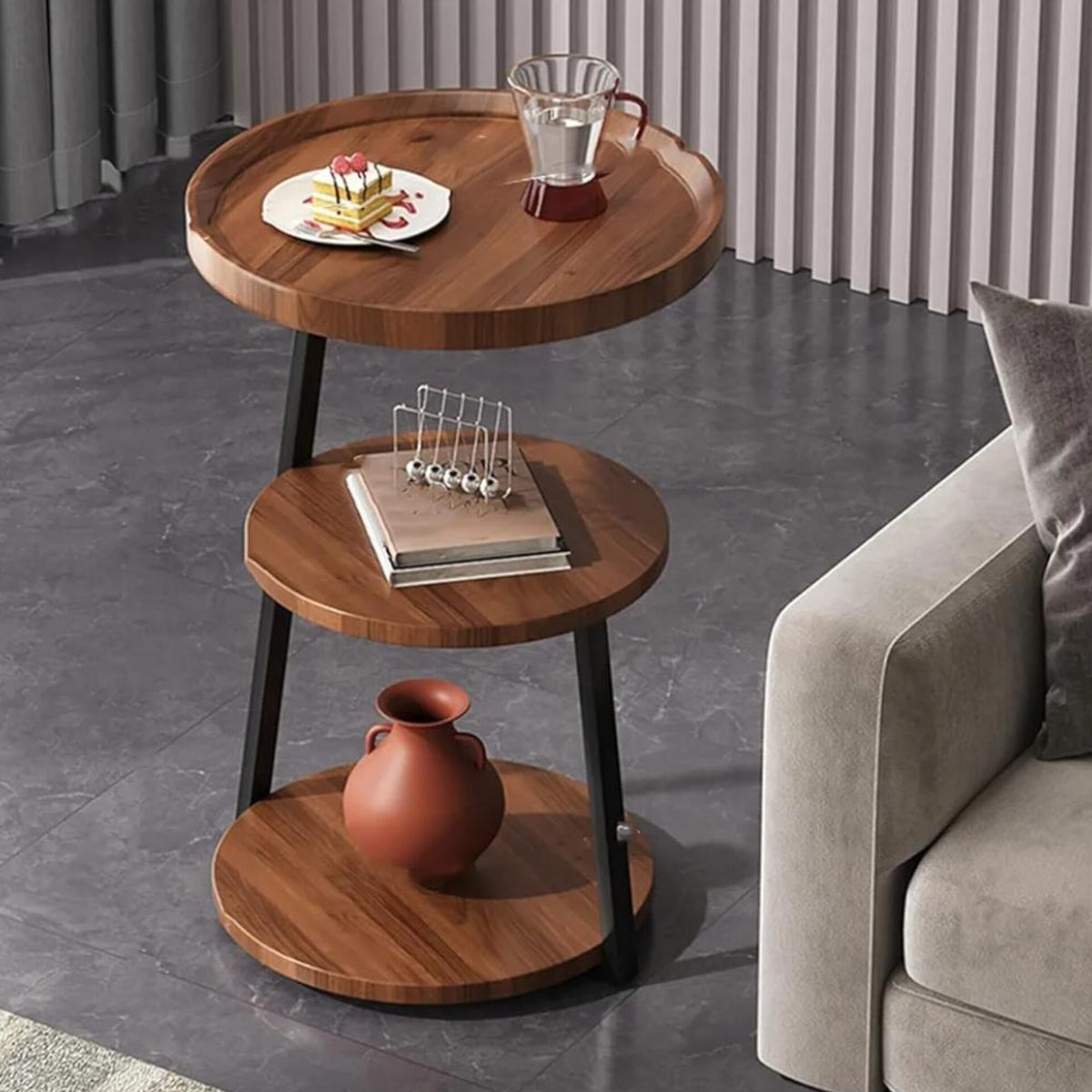 3Tier Sofa Side Table With Wood Top And Metal Frame