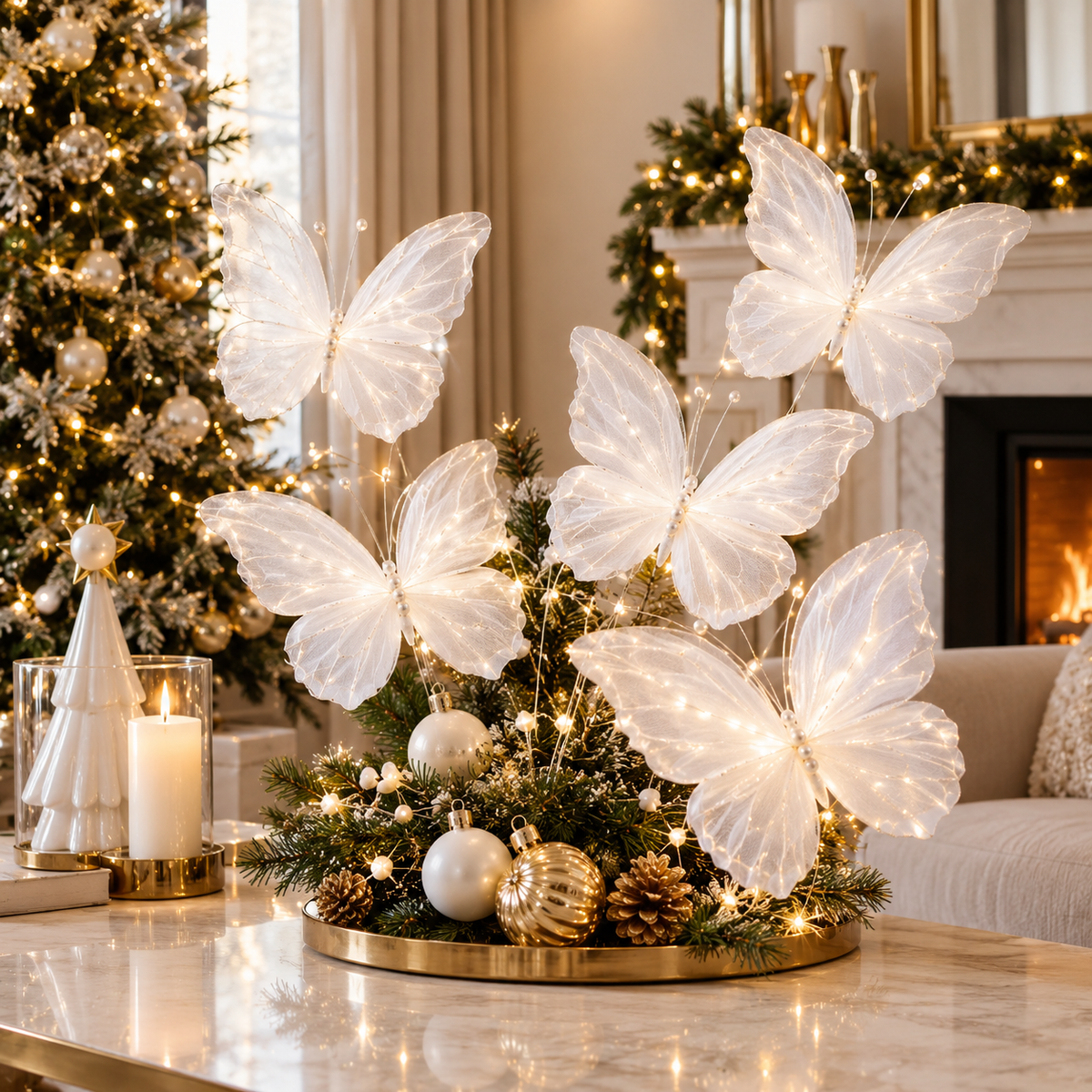 45Cm 3D White Glittering Christmas Butterfly Hanging Decoration