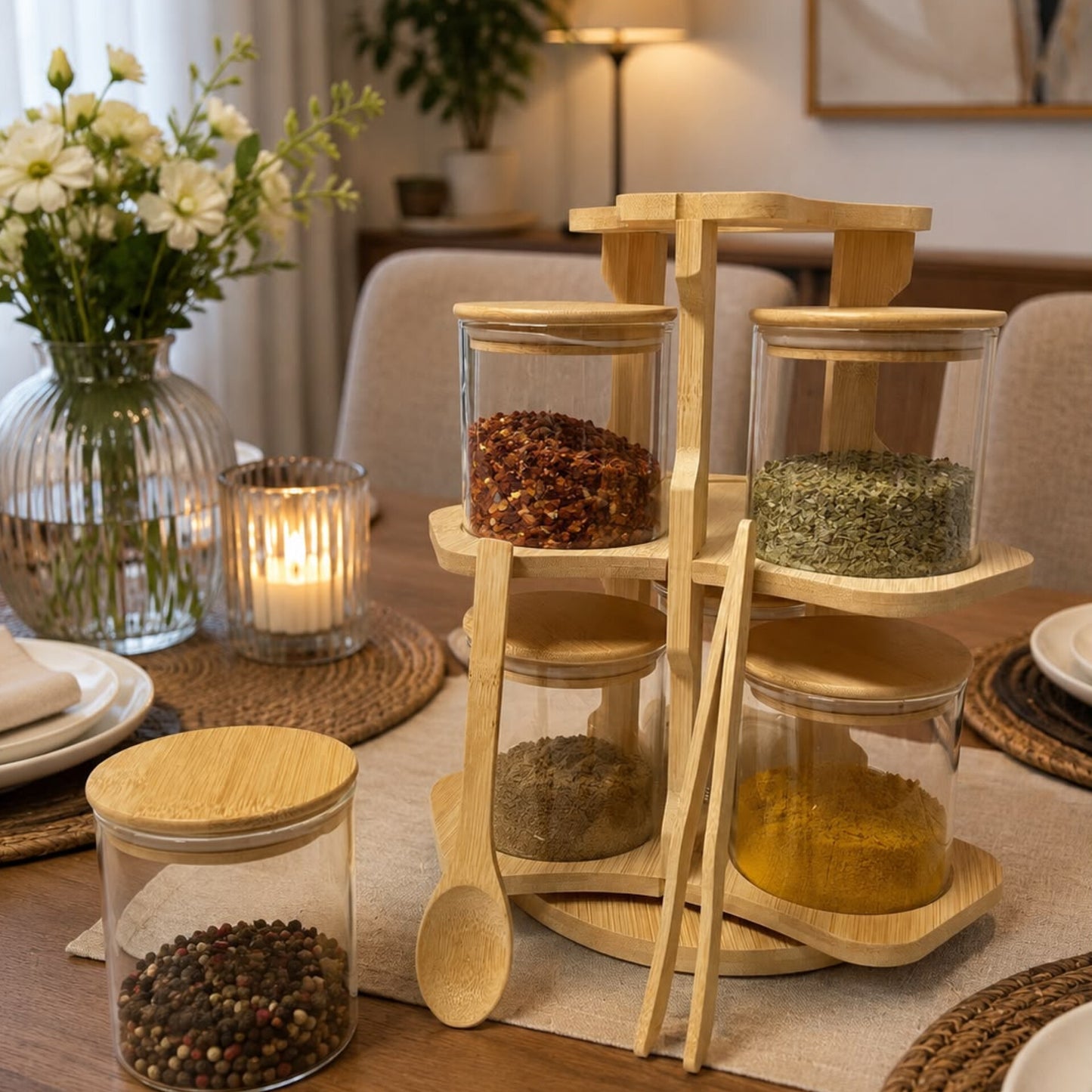 6 Pcs Bamboo Spice Rack Set with Rotating Stand