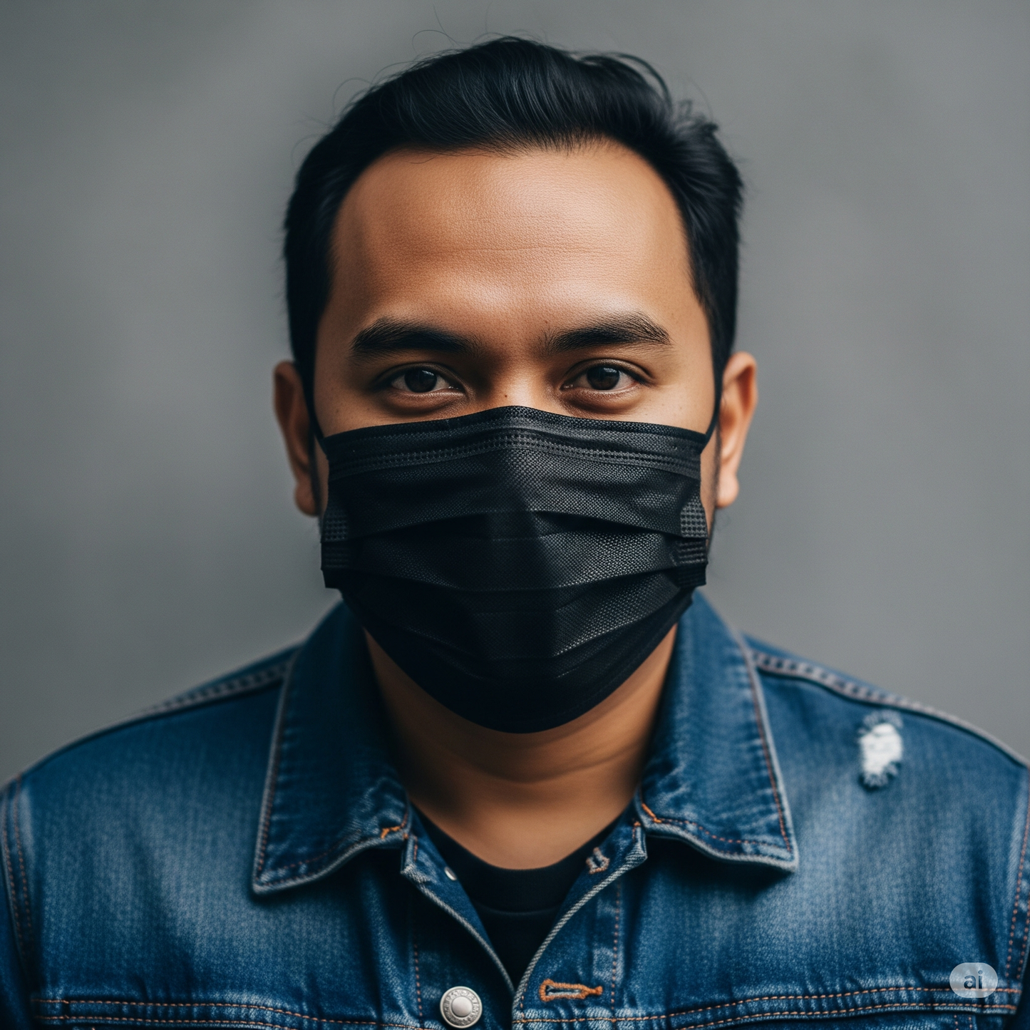 A man wearing a black 3-ply disposable face mask.