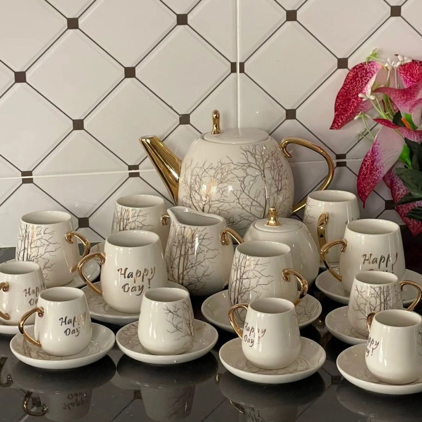 28pcs tree tea set with gold touch