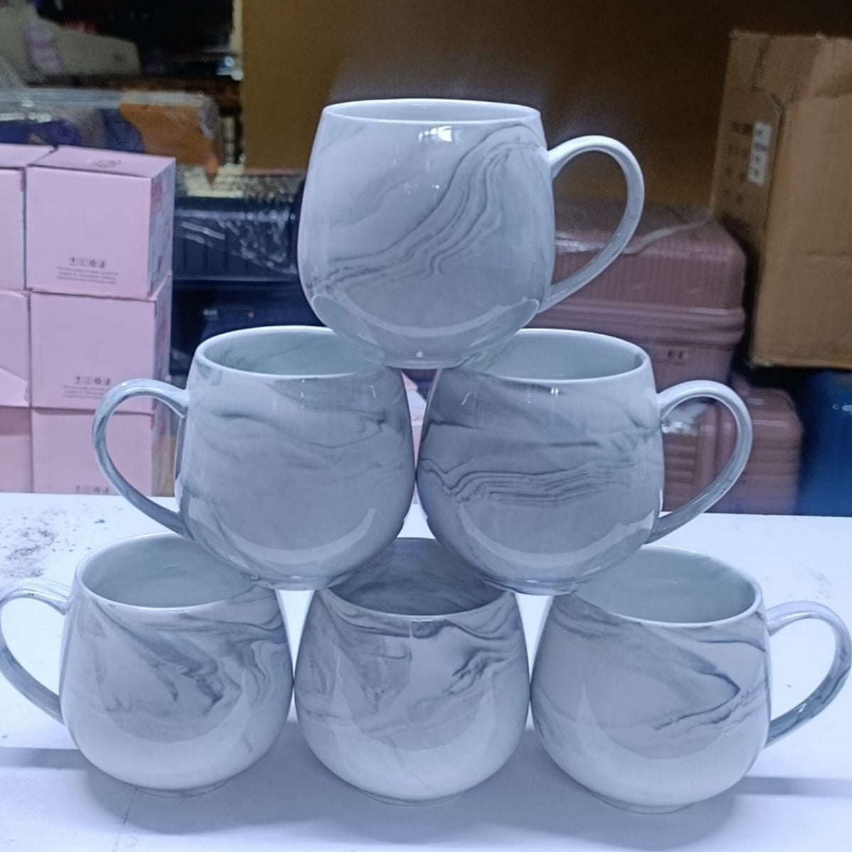 6Pcs White Marbled Ceramic Mug Sets