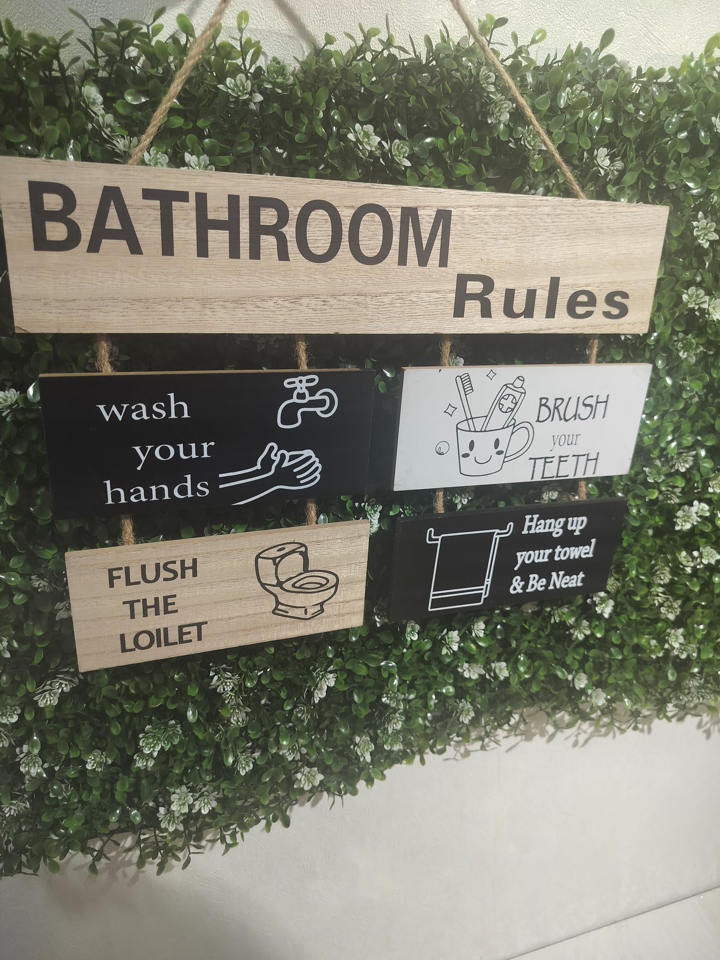 Wooden wall hanging bathroom rules gha