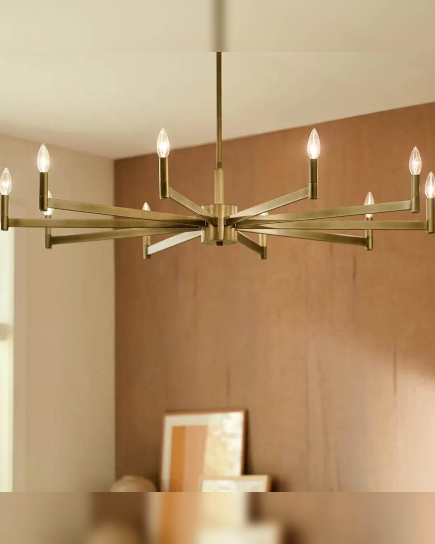10 Candle Brass Starburst Ceiling Pendant With Bulbs
